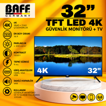 32" TFT LED 4K GÜVENLİK Monitörü + TV