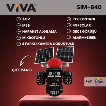 SIM-840 4G+2 SOLAR PANEL,AOV,ALARM,355PTZ,4KAMERA,VKAM/OKAM APP VIVA