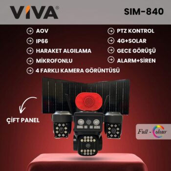 4G+2 SOLAR PANEL,AOV,ALARM,355PTZ,4KAMERA,FULL COLOUR-INFRARED,SIM-840 VIVA VKAM